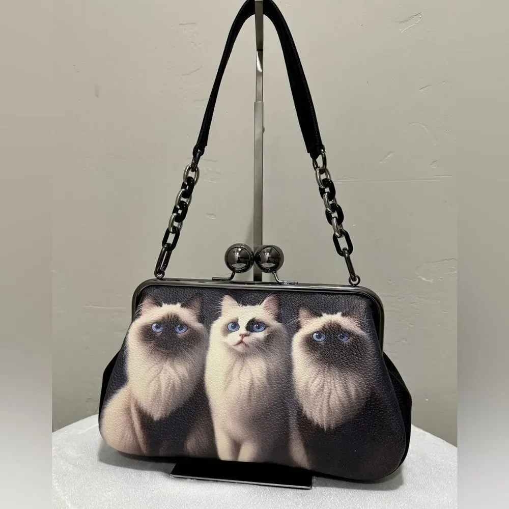 Unique Cats Print Pebble Cowhide Handmade Large Ball Kisslock Handbag, Multi Use